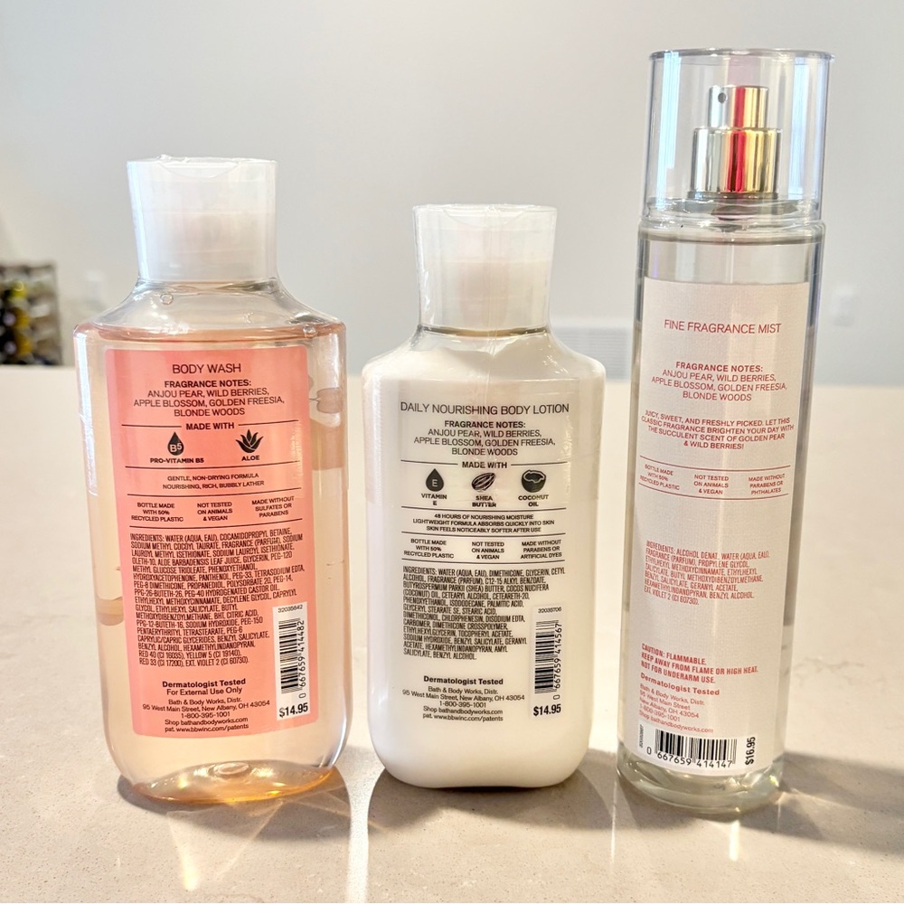 Bath & Body Works Pearberry 3 Piece Set Body Wash Lotion Fine Fragrance Mist New - Picture 2 of 2